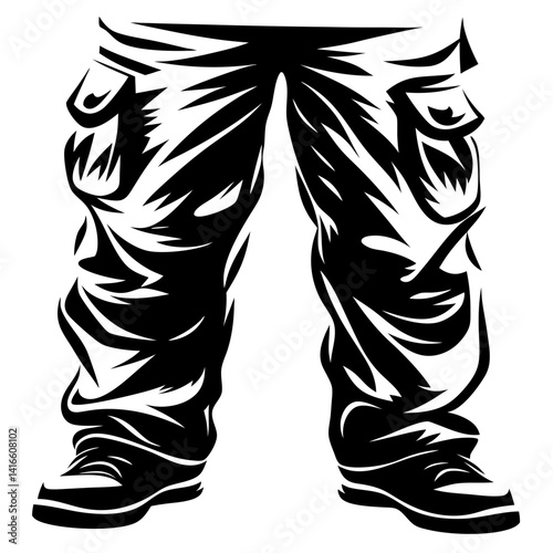 Stylized graphic illustration of cargo pants and sneakers in black and white