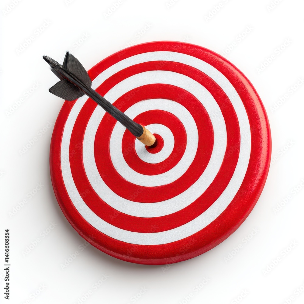 Arrow hitting the center of a red target isolated on white background Arrow hitting the center of a red target isolated on white background