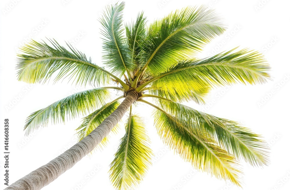 Lush green palm tree against a bright white sky, viewed from below Lush green palm tree against a bright white sky, viewed from below