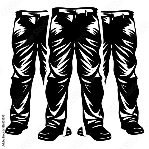 Three pairs of stylized trousers standing in a row graphic representation