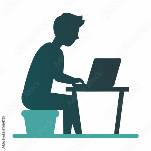 Silhouette of a person sitting at a desk typing on a laptop vector illustration