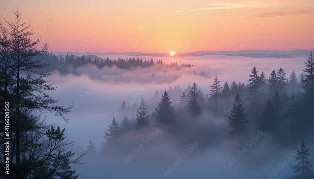 Fototapeta premium Breathtaking sunrise over misty forest landscape tranquil nature scene serene outdoor environment aerial viewpoint captivating concept
