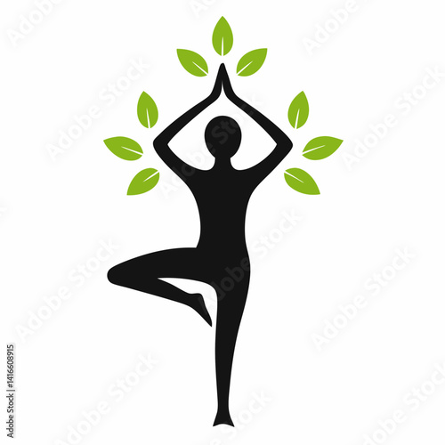 Silhouette of a person standing on one leg in Tree Pose vector illustration