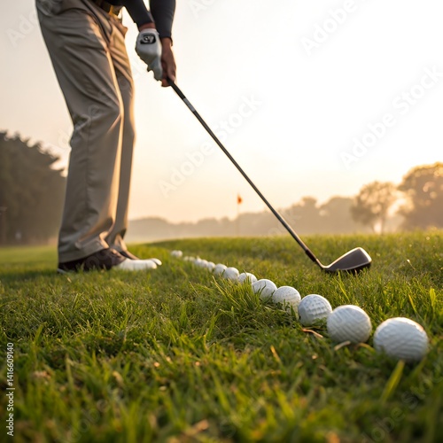 Golfer practicing with a row of golf balls on a dewy morning