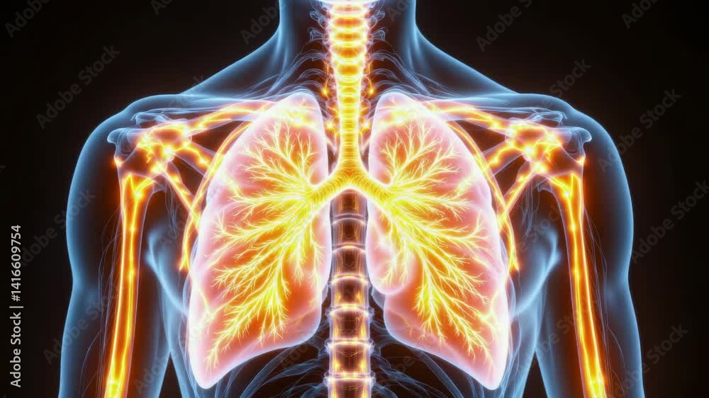 Detailed illustration of human lungs and respiratory system displaying veins and arteries for educational purposes, Generative AI.