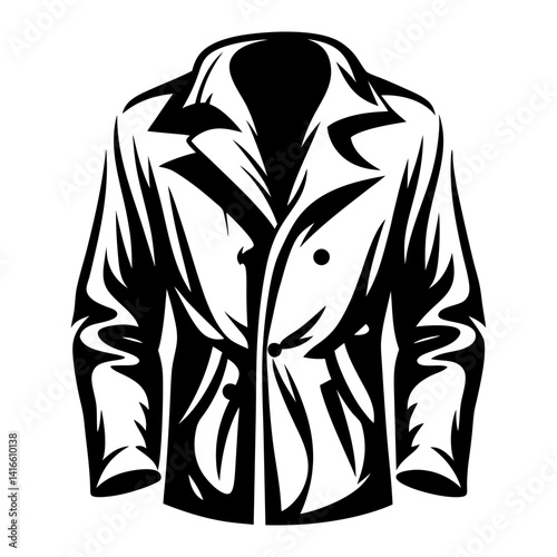 Black and white vector illustration of an open double breasted coat