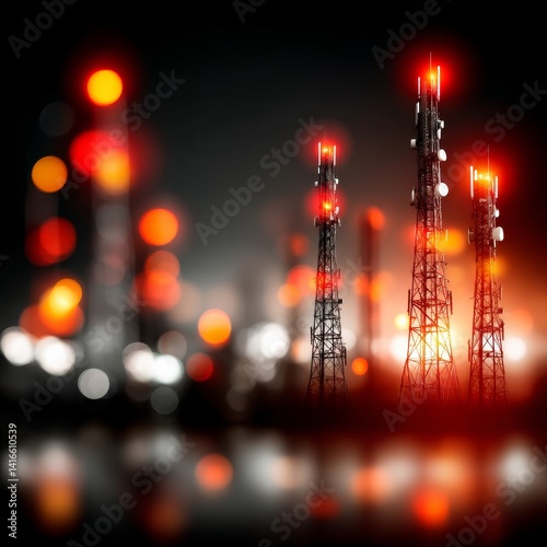 Communication Towers Glow at Night: An Abstract View of Technology and Urban Connectivity