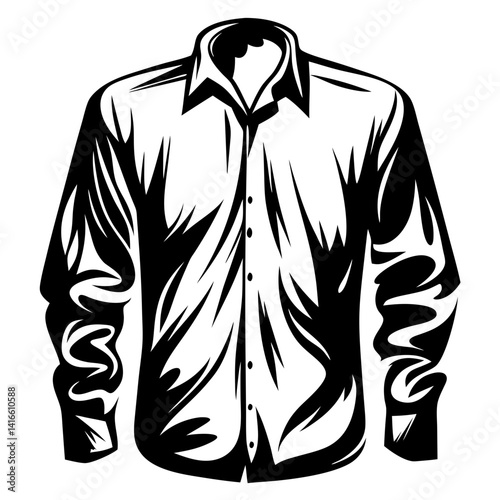 Stylized Black and White Illustration of a Button Down Dress Shirt Isolated