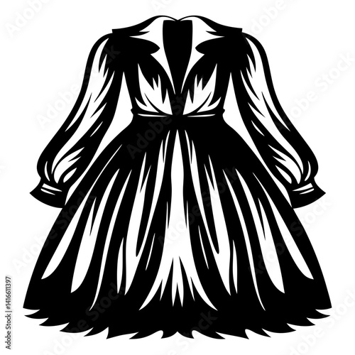 Elegant black dress with long sleeves and a flowing, layered skirt