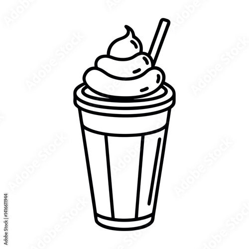 Chocolate shake cup with whipped cream and straw line art vector illustration isolated on white.