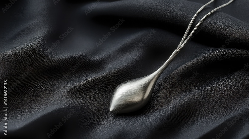 Fototapeta premium Modern jewelry still life with silver pendant on dark satin emphasizing simplicity and style