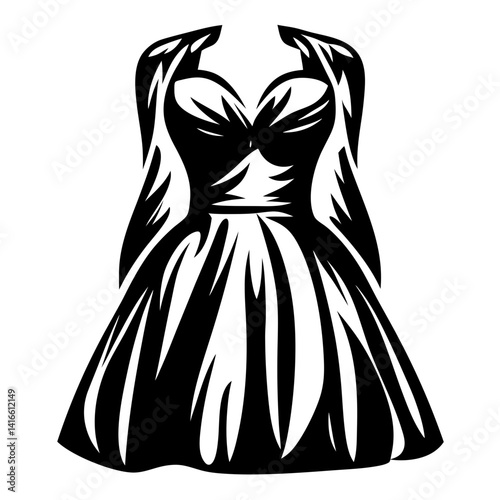 Stylized black and white dress with a sweetheart neckline and flared skirt