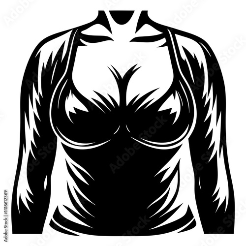 Black and white illustration of a woman's torso wearing a bra