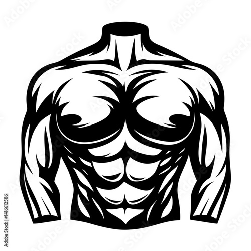 Stylized graphic representation of a muscular torso with visible six pack abs