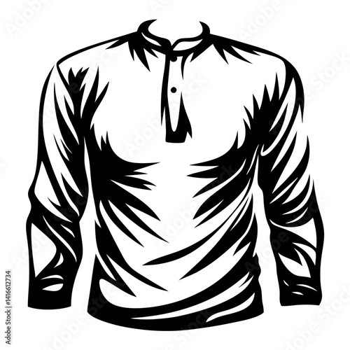 Stylized Black and White Illustration of a Long Sleeved Henley Shirt