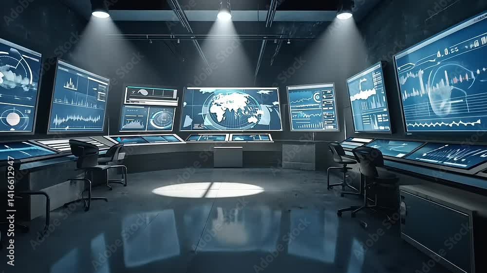 Global Monitoring Center: High-Tech Command Room with Multiple Screens Displaying Data and a World Map Global Monitoring Center: High-Tech Command Room with Multiple Screens Displaying Data and a World Map