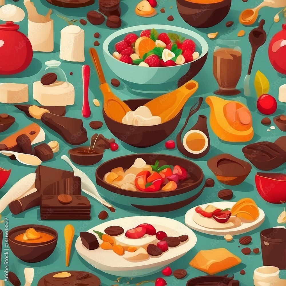 Flat Vector Illustration of Contemporary Food Composition with Stylized Ingredients and Utensils Flat Vector Illustration of Contemporary Food Composition with Stylized Ingredients and Utensils
