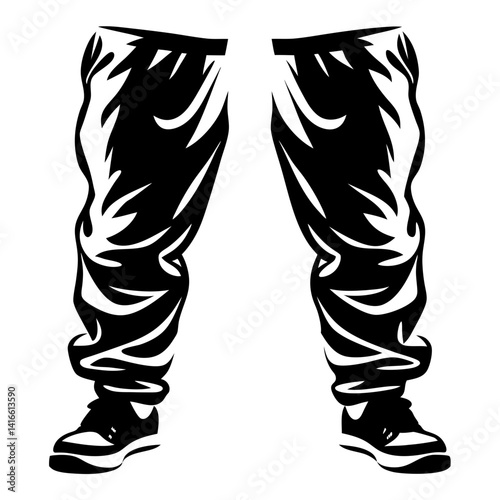 Abstract depiction of baggy pants and sneakers in bold monochrome style