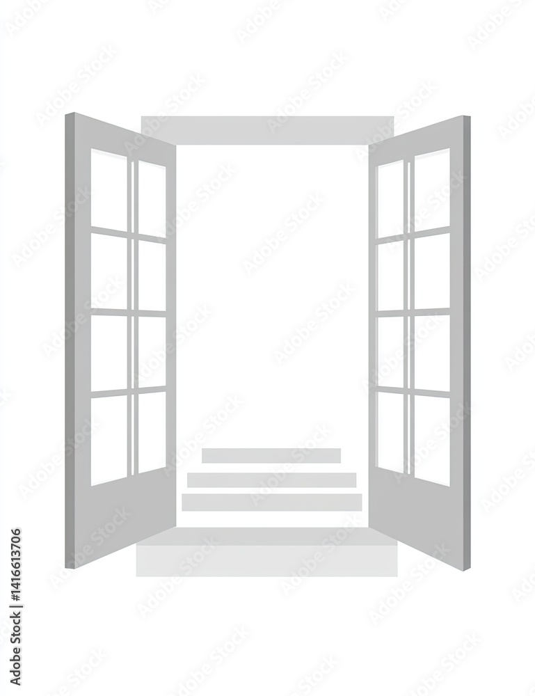 Open double doors reveal steps leading to unseen space Open double doors reveal steps leading to unseen space