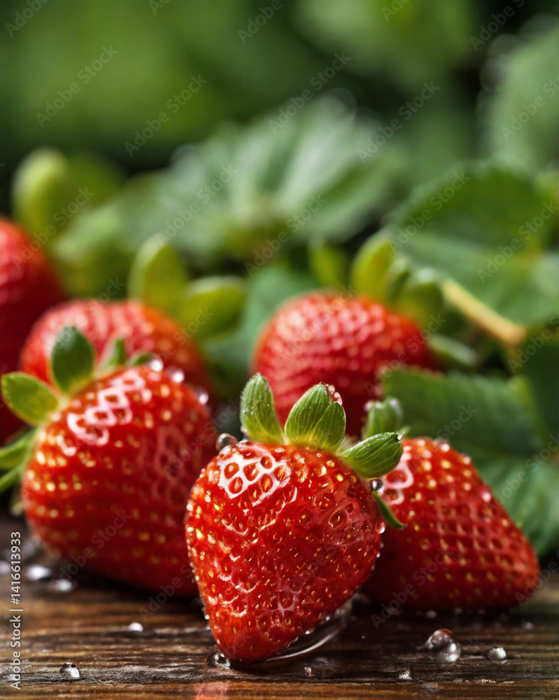 Photorealistic Close-Up of Fresh Ripe Strawberries on Rustic Wooden Table, High-Quality Food Background for Commercial Use Photorealistic Close-Up of Fresh Ripe Strawberries on Rustic Wooden Table, High-Quality Food Background for Commercial Use
