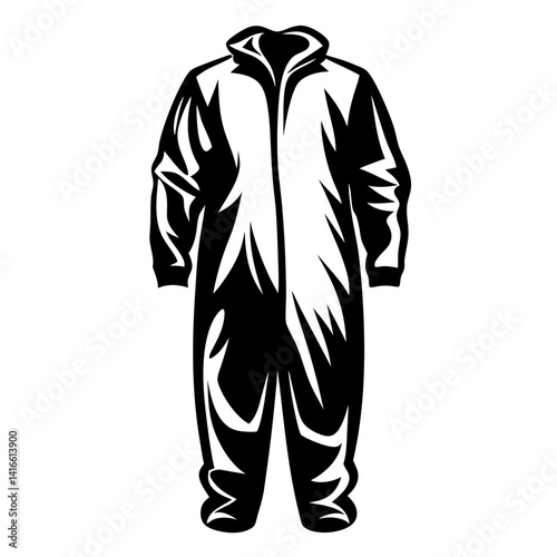 Monochrome illustration of a hooded protective suit or hazmat suit for safety
