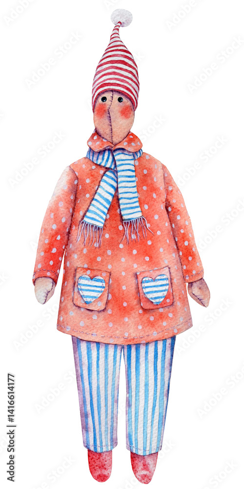 Fototapeta premium Watercolor winter gnome in red sweater, white-blue striped pants and scarf. Gnomie tilda doll, hand drawn png illustration with transparent background. Nursery poster, print, artwork