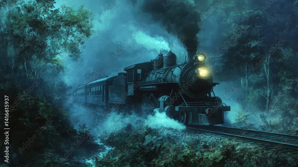 Fototapeta premium A vintage steam train journeys through a misty, shadowy forest at night.