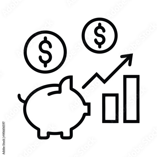 Line Art Piggy Bank with Dollar Coins, Rising Graph on Transparent Background