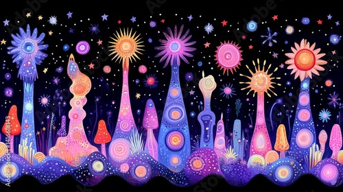 Surreal nocturne with glowing spires against a dark starry backdrop depicting a vibrant fantasy city, creating an otherworldly landscape art painting