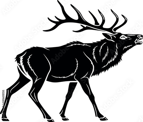 Majestic Elk Silhouette, Black and White Elk Illustration