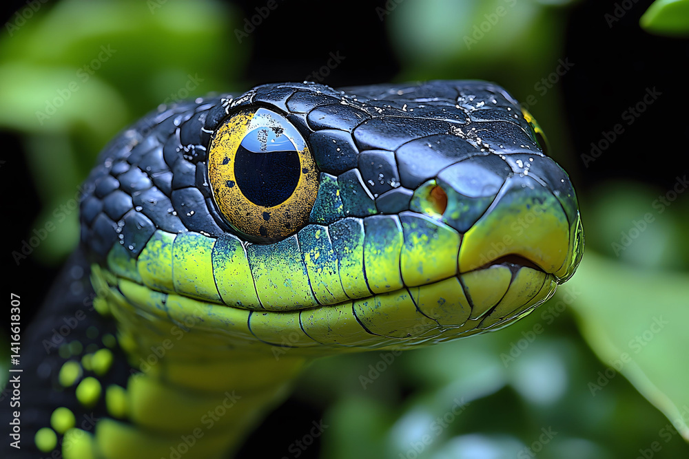 Close-Up of a Vibrant Green and Black Snake with Intricate Scale Patterns in Nature Close-Up of a Vibrant Green and Black Snake with Intricate Scale Patterns in Nature