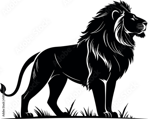 Majestic Lion Standing in Grass, Black and White Lion Silhouette
