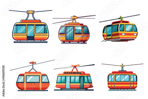 Six vibrant and colorful cartoon cable car gondolas in a vector format