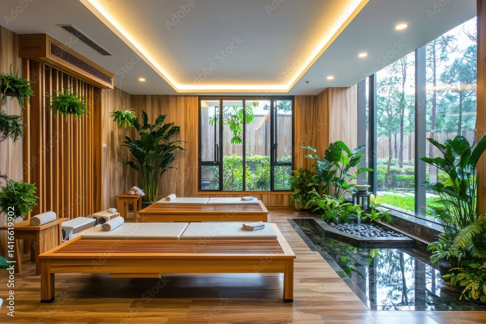 Fototapeta premium Serene spa room with wooden décor, massage beds, lush plants, and natural light