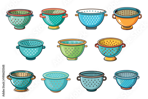 Assortment of Cartoon Colanders in Various Colors and Designs on White Background