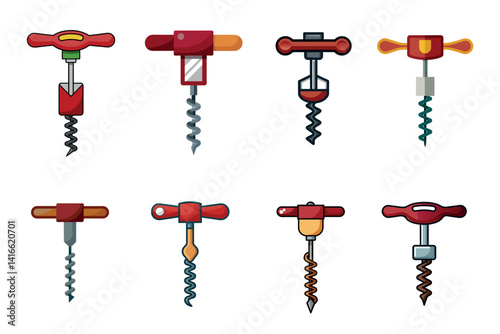 Cartoon drawing of eight vintage corkscrews in various retro style designs