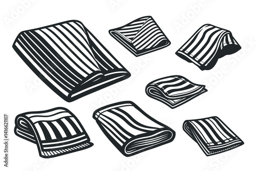 Stylized Black and White Illustration of Neatly Folded Striped Towels on White