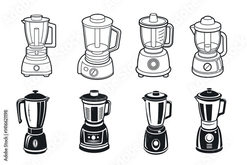 Eight unique vector illustrations of kitchen countertop blenders in black and white