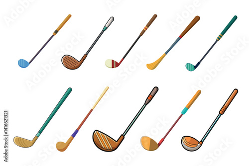 Diverse Set of Vintage Cartoon Golf Clubs on Isolated White Background