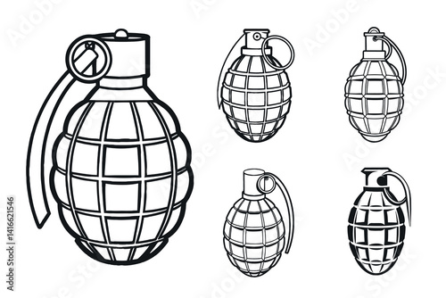 Collection of Hand Grenade Line Art Designs on a White Background