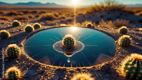 Cactus Reflecting in Water Hole on Desert Landscape at Sunset