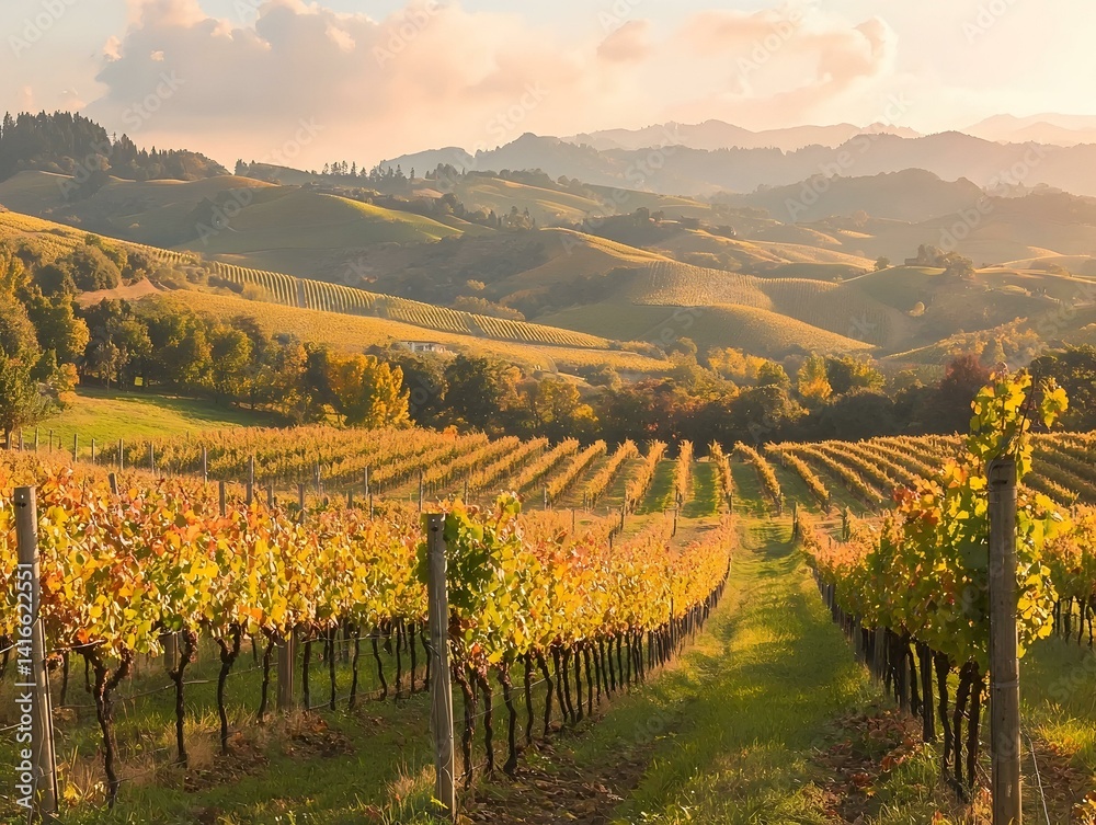 Naklejka premium Golden hour sunlight bathes rolling hills covered in autumnal vineyards. Serene landscape photography.