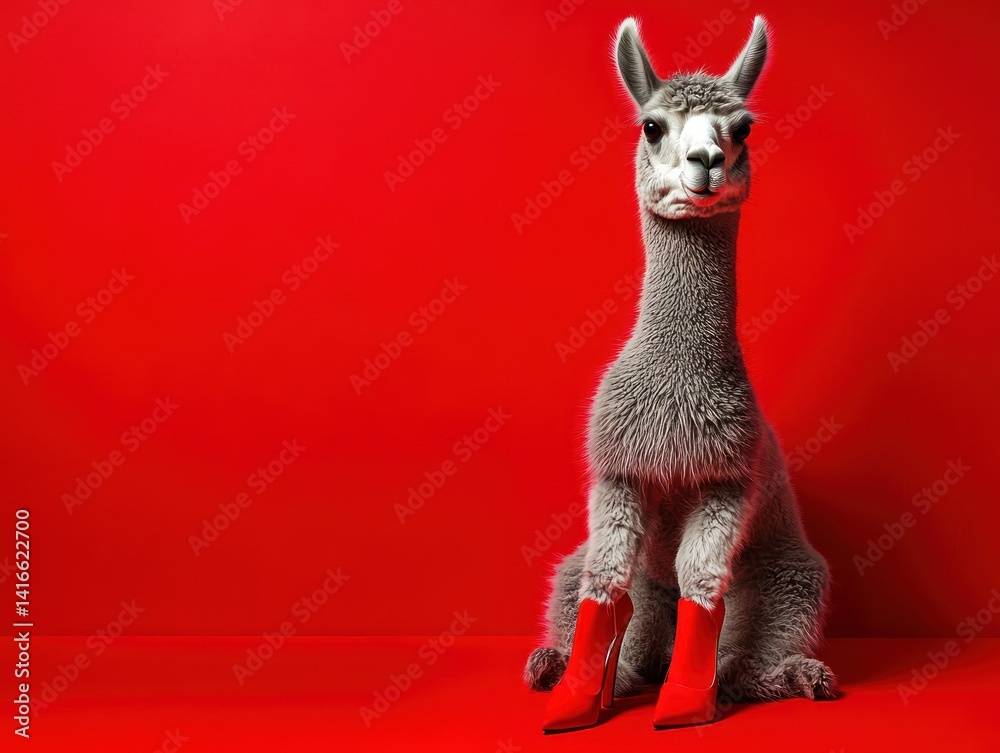 Fototapeta premium conceptual image of a fashionable alpaca wearing red high heels, depicting the full body
