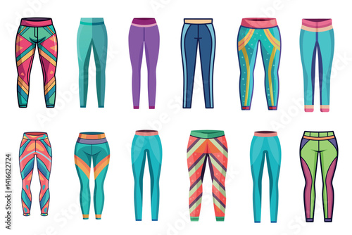 Collection of cartoon athletic leggings or yoga pants in various styles