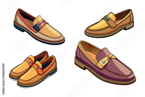 Four pairs of Stylish Loafers of Various Colors on a White Background