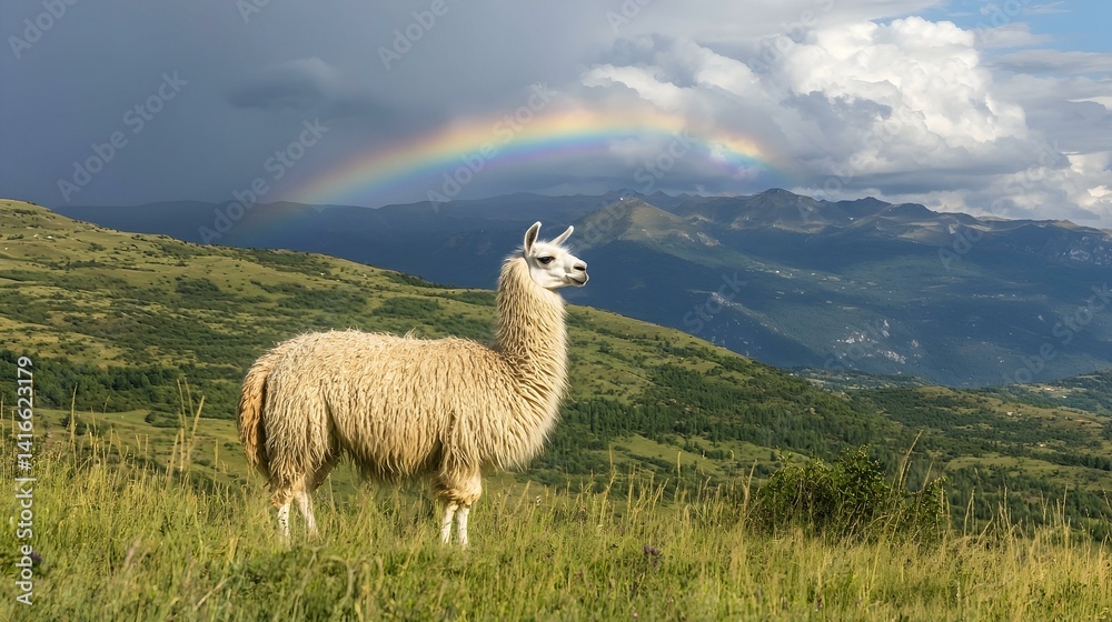 Fototapeta premium Llama standing in a grassy mountain meadow with a rainbow in the background. Peaceful, serene landscape.