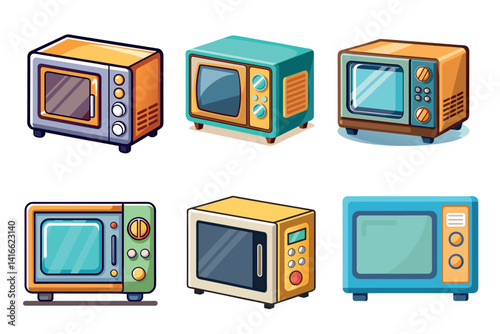Collection of Retro Cartoon Microwaves with Various Colors and Designs