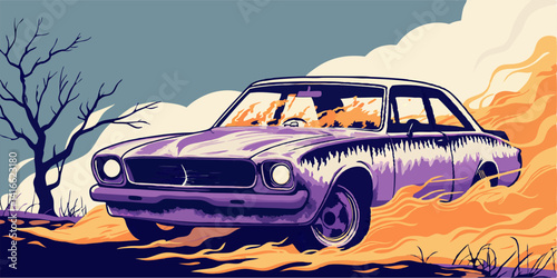 Burning vintage car illustration