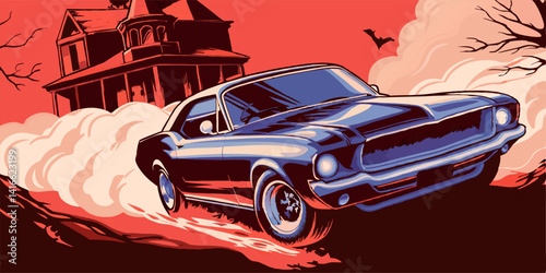 Classic Car Speeding Past Haunted House