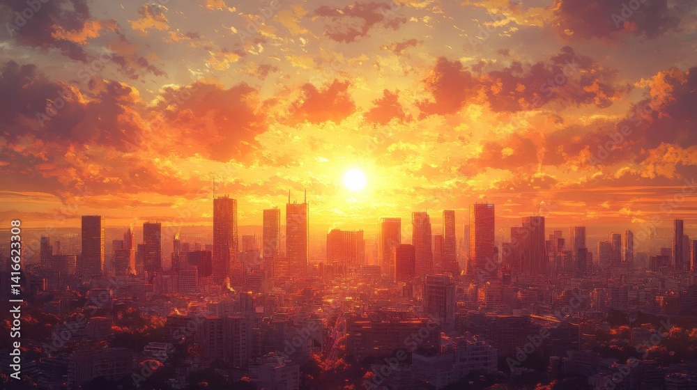 Fototapeta premium Orange Sunset Over City Skyline